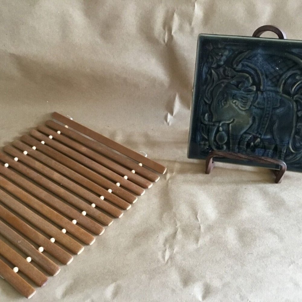 2 Asian Style Trivets from Thailand Acacia Wood Trivet and Vintage Thai Elephant